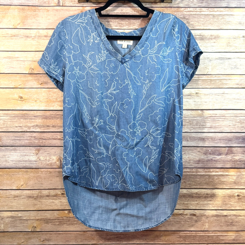 Cloth & Stone Womens Chambray V-neck Short Sleeve Pullover Floral Top S